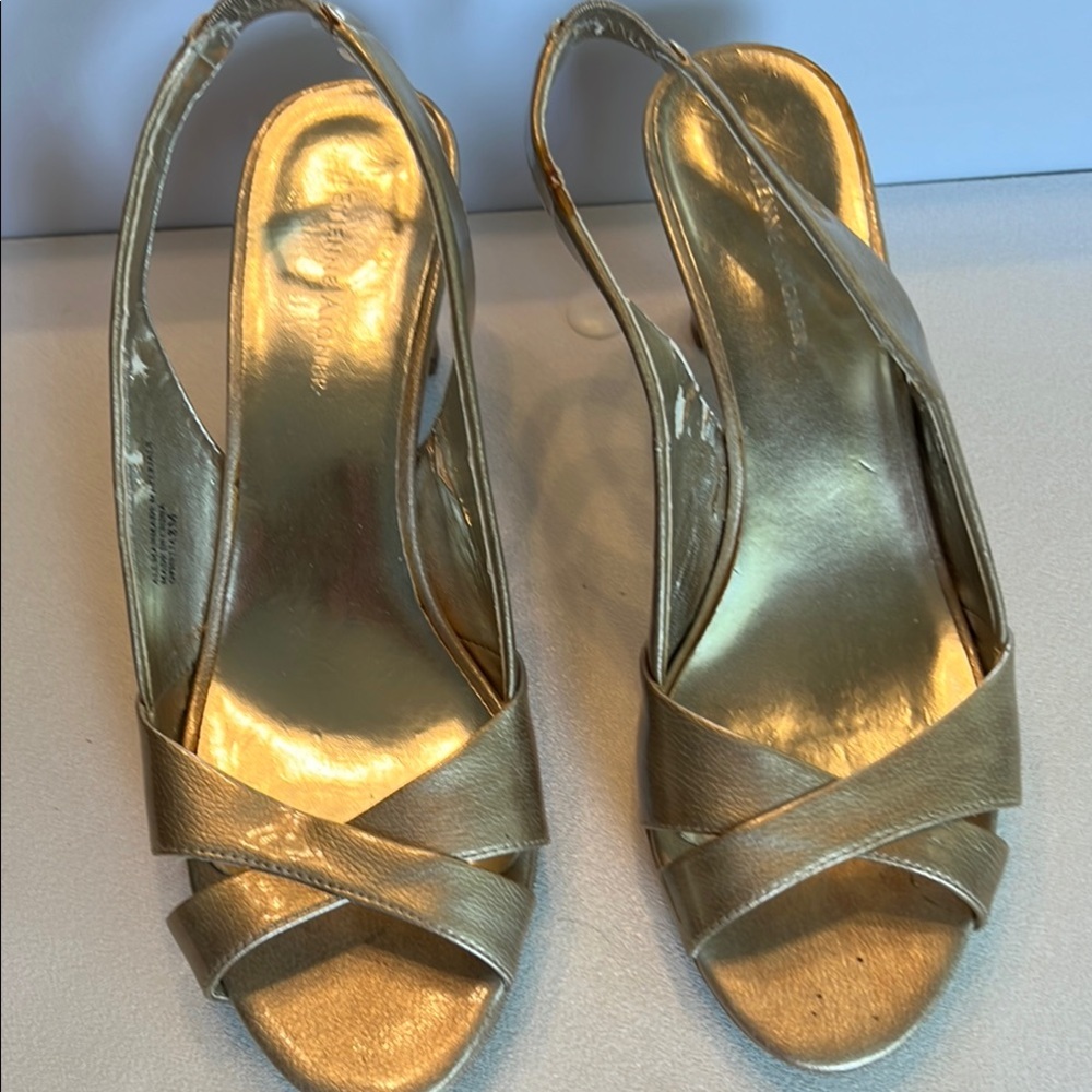 Etienne Aigner Gold Heels with Slingback and Peep-Toe